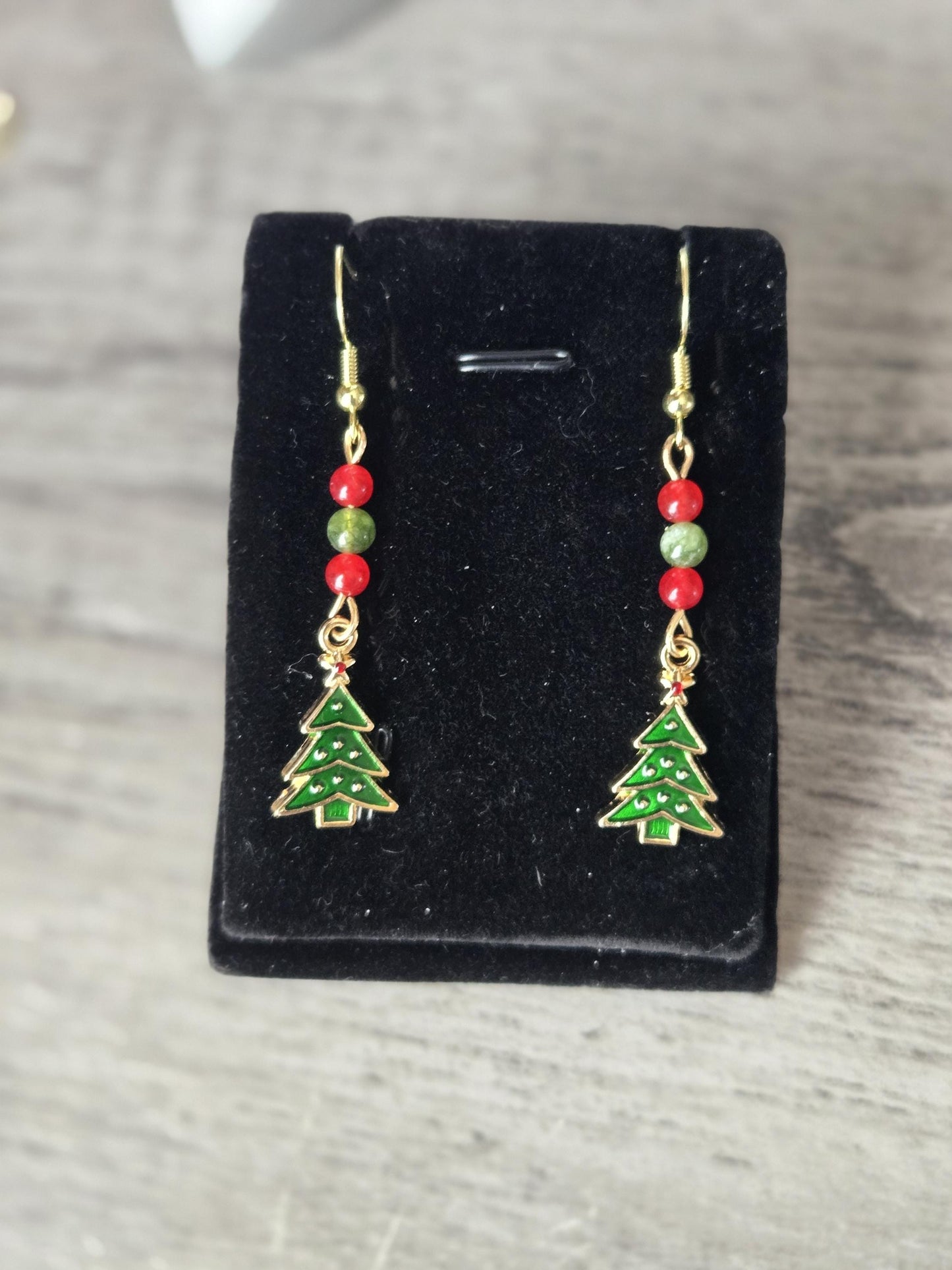 Handmade Christmas Charm Drop Earrings: Green Jade, Red Carnelian and Sterling Silver