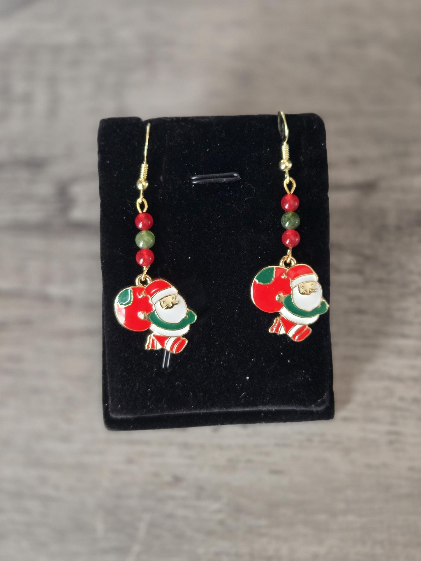 Handmade Christmas Charm Drop Earrings: Green Jade, Red Carnelian and Sterling Silver