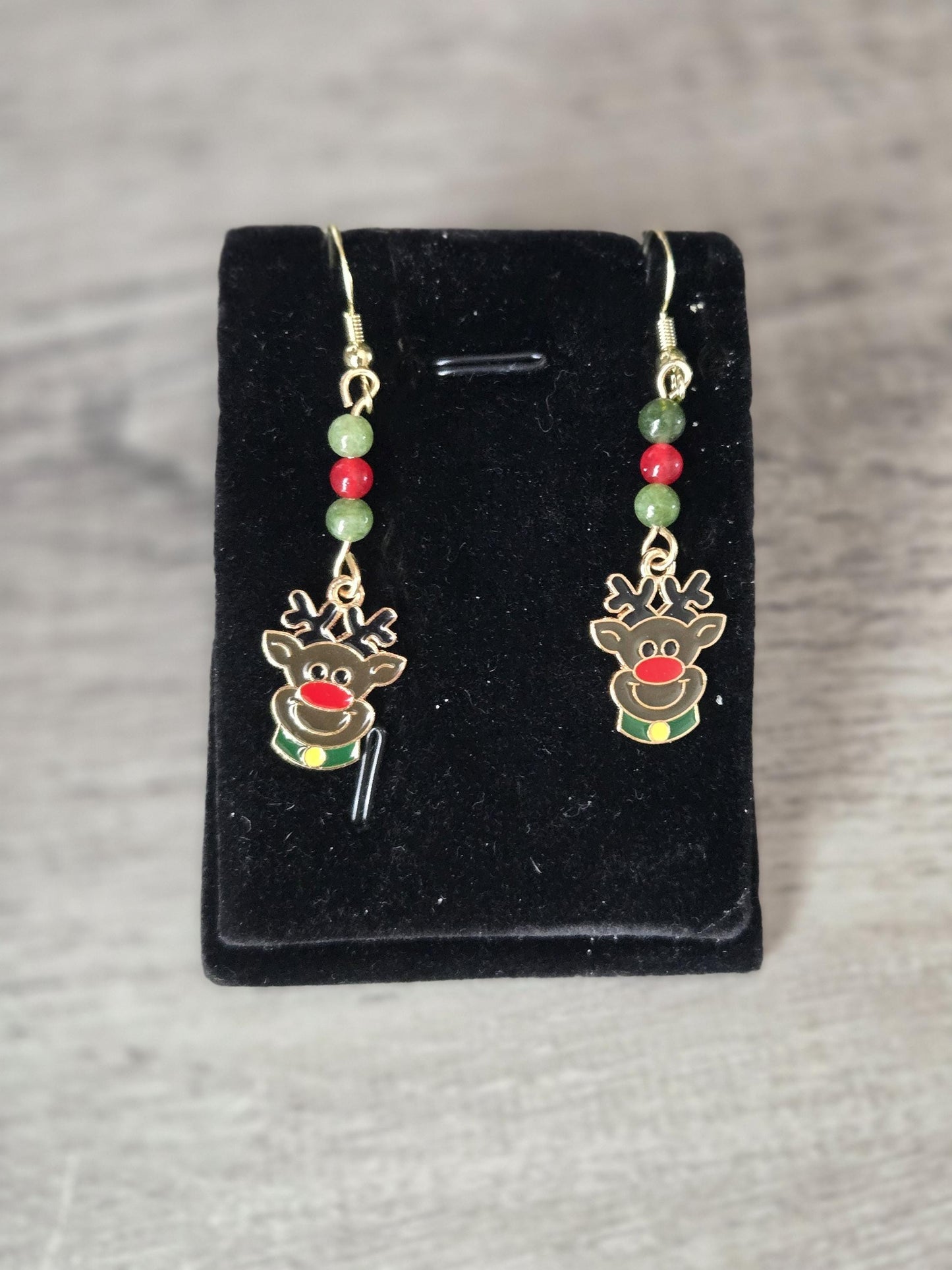 Handmade Christmas Charm Drop Earrings: Green Jade, Red Carnelian and Sterling Silver