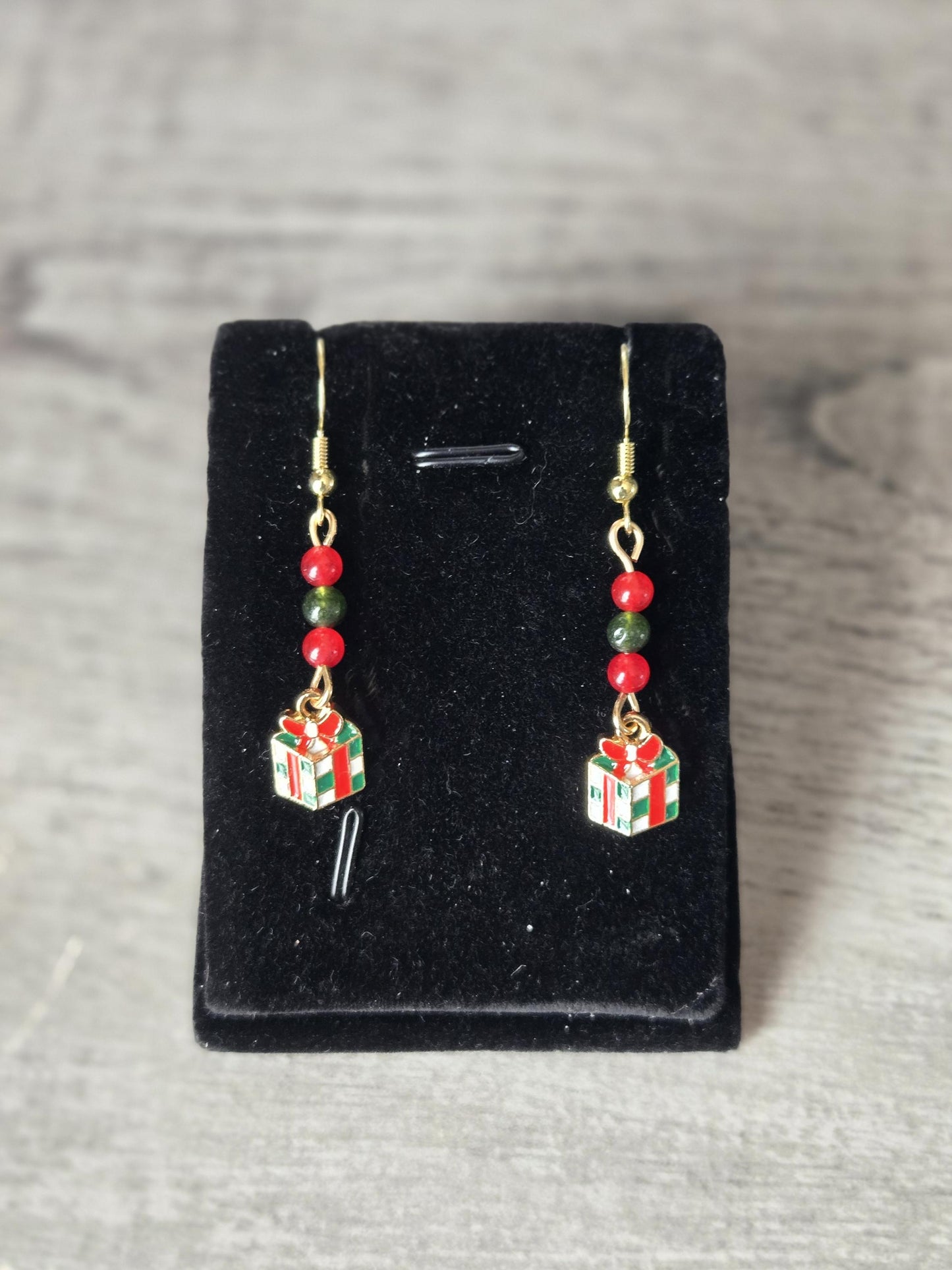 Handmade Christmas Charm Drop Earrings: Green Jade, Red Carnelian and Sterling Silver