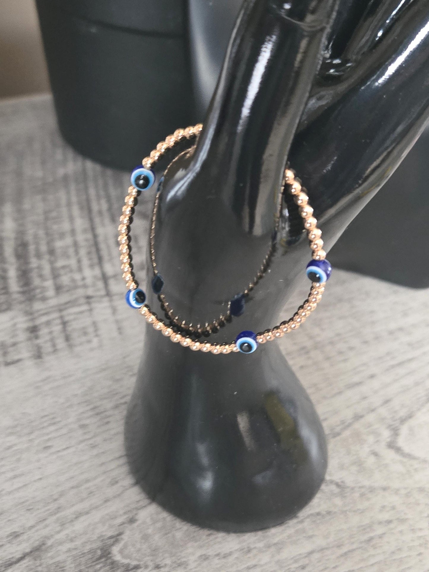 Dainty 3mm Gold Hematite Evil Eye Crystal Gemstone Beaded  Chakra Bracelet