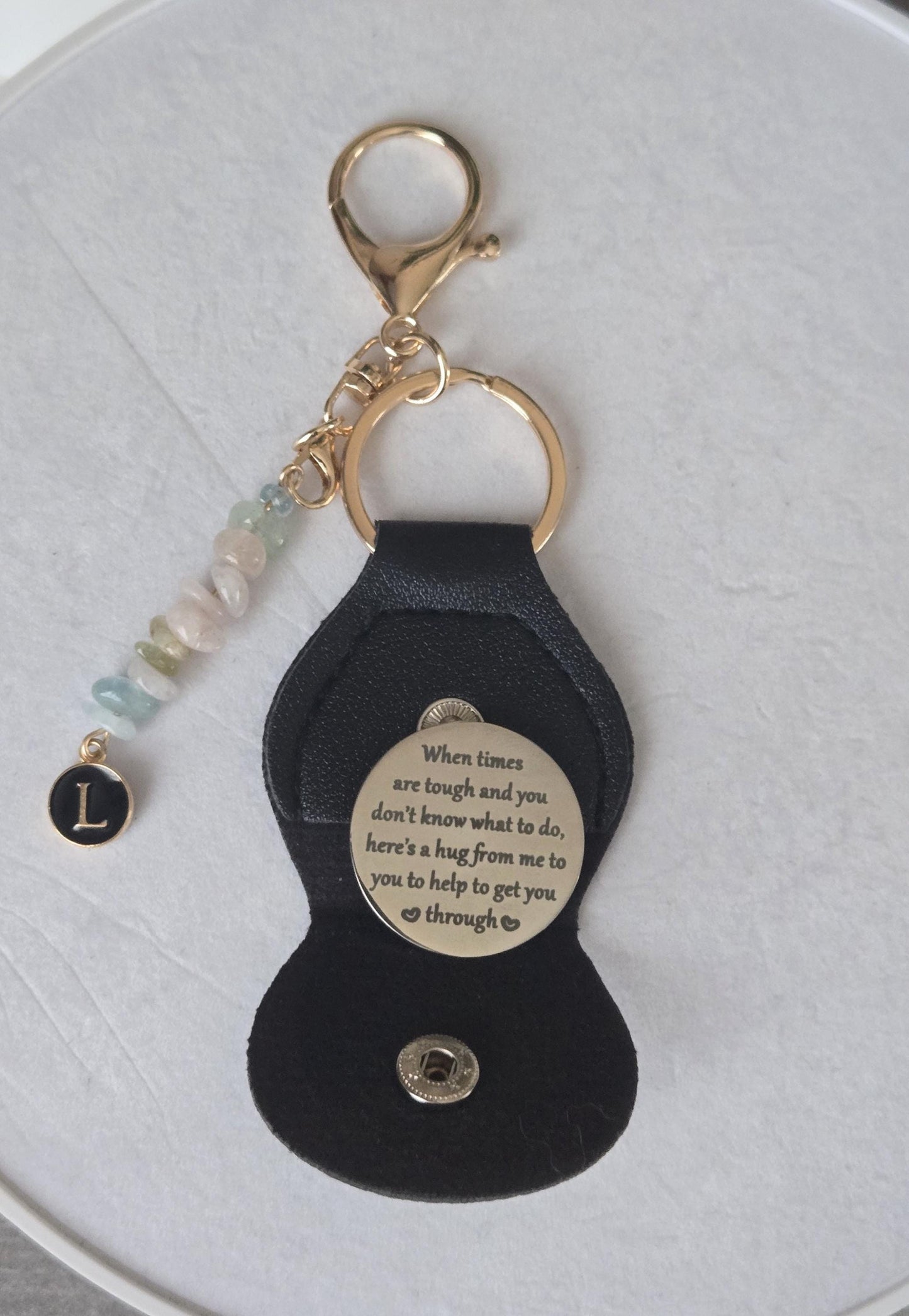 Personalise your Leather Pocket Hug Token Keepsake Keyring Crystal Gemstone Crystal Charm