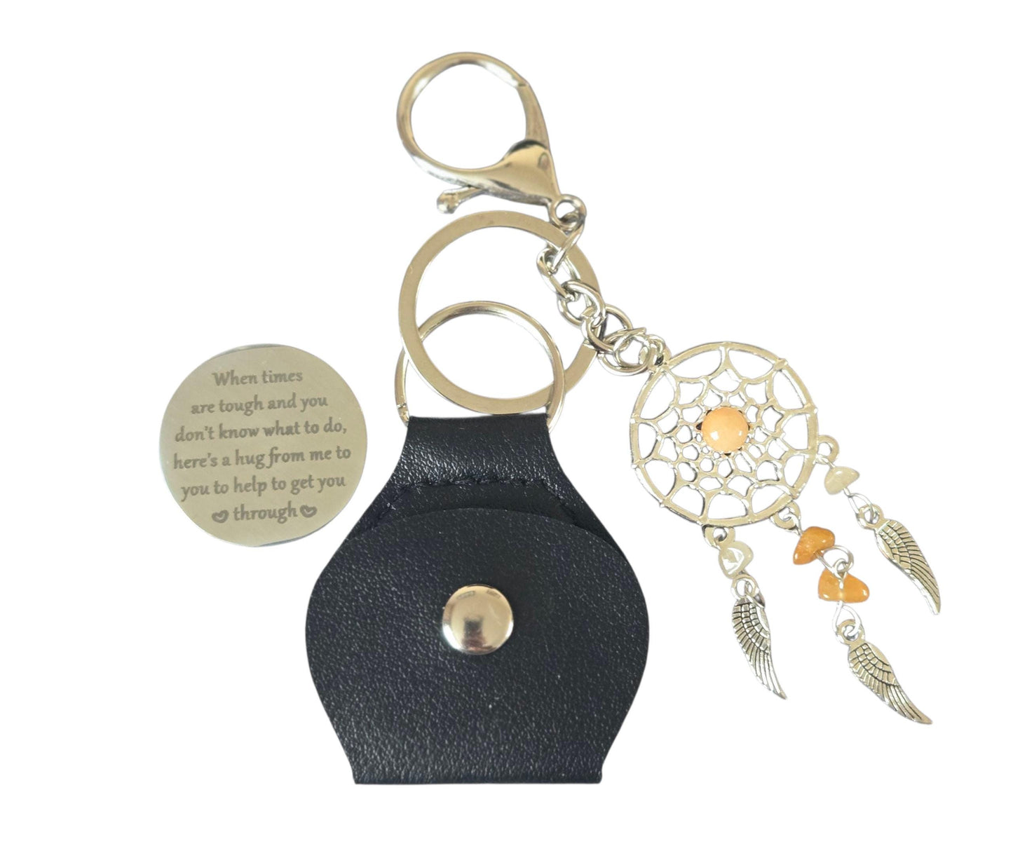 Black Leather Pocket Hug with Crystal Gemstone Silver Charm and Angel
