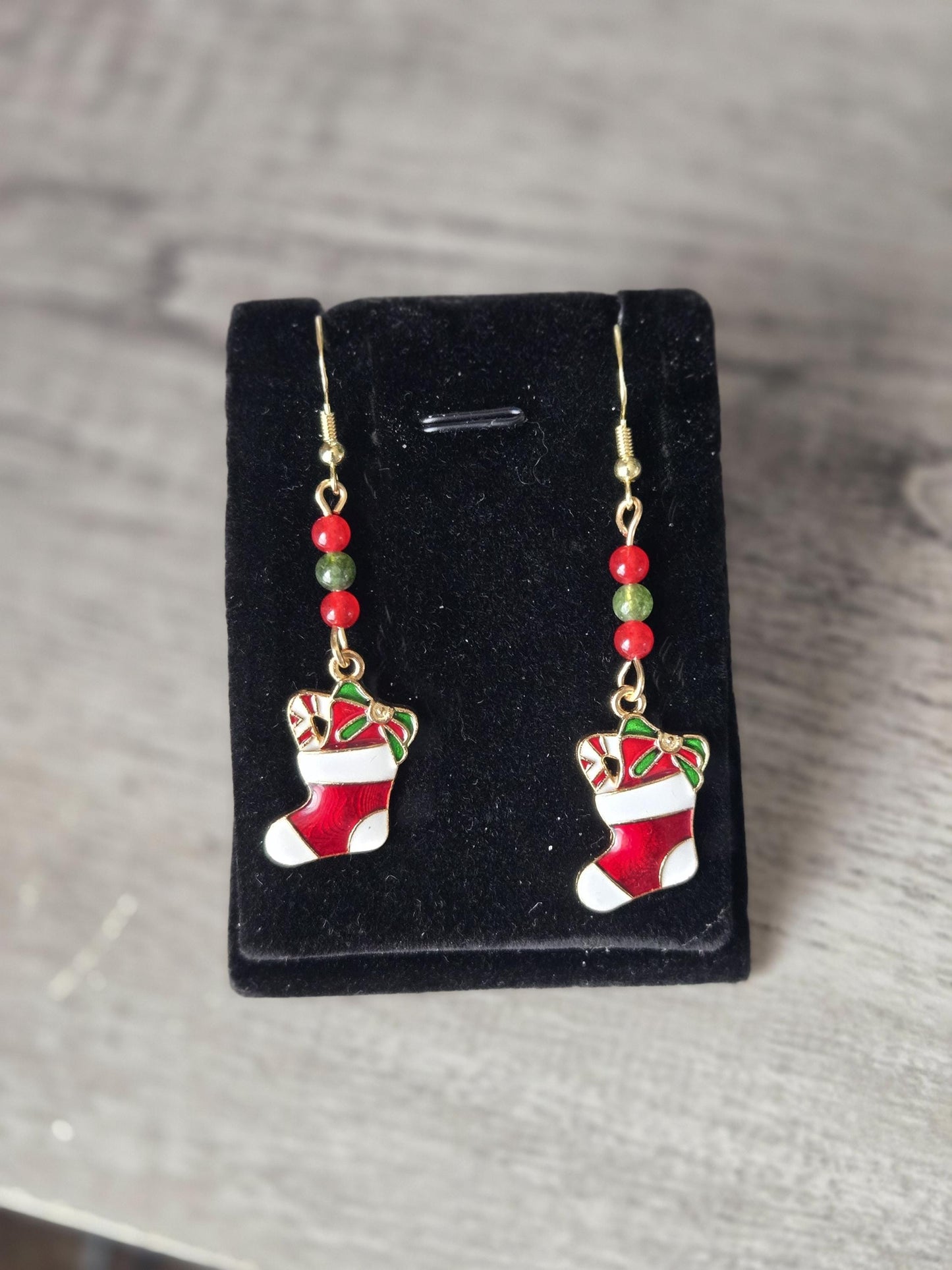 Handmade Christmas Charm Drop Earrings: Green Jade, Red Carnelian and Sterling Silver