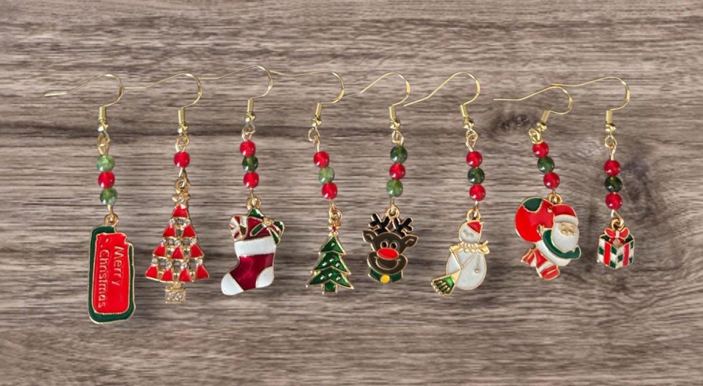 Handmade Christmas Charm Drop Earrings: Green Jade, Red Carnelian and Sterling Silver