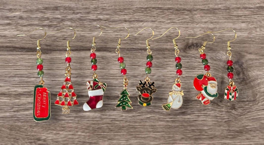 Handmade Christmas Charm Drop Earrings: Green Jade, Red Carnelian and Sterling Silver