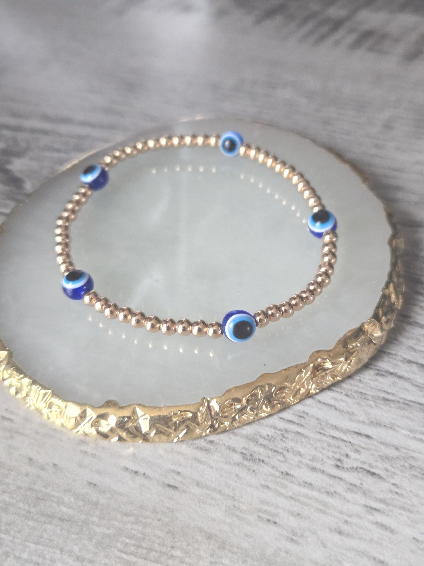 Dainty 3mm Gold Hematite Evil Eye Crystal Gemstone Beaded  Chakra Bracelet