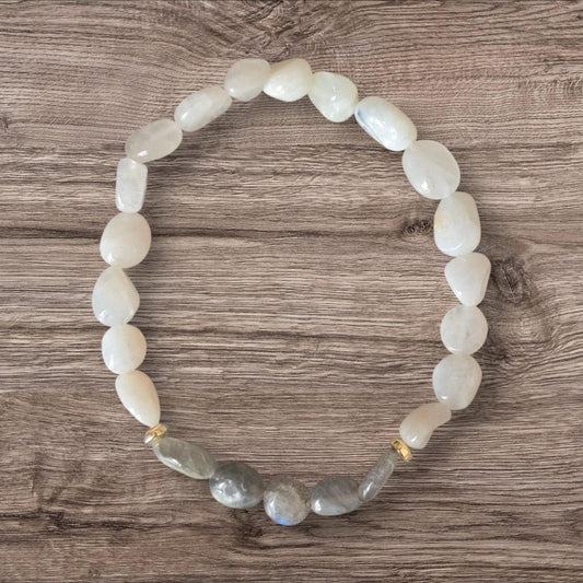 Moonstone and Labradorite Crystal Beaded Gemstone Bracelet