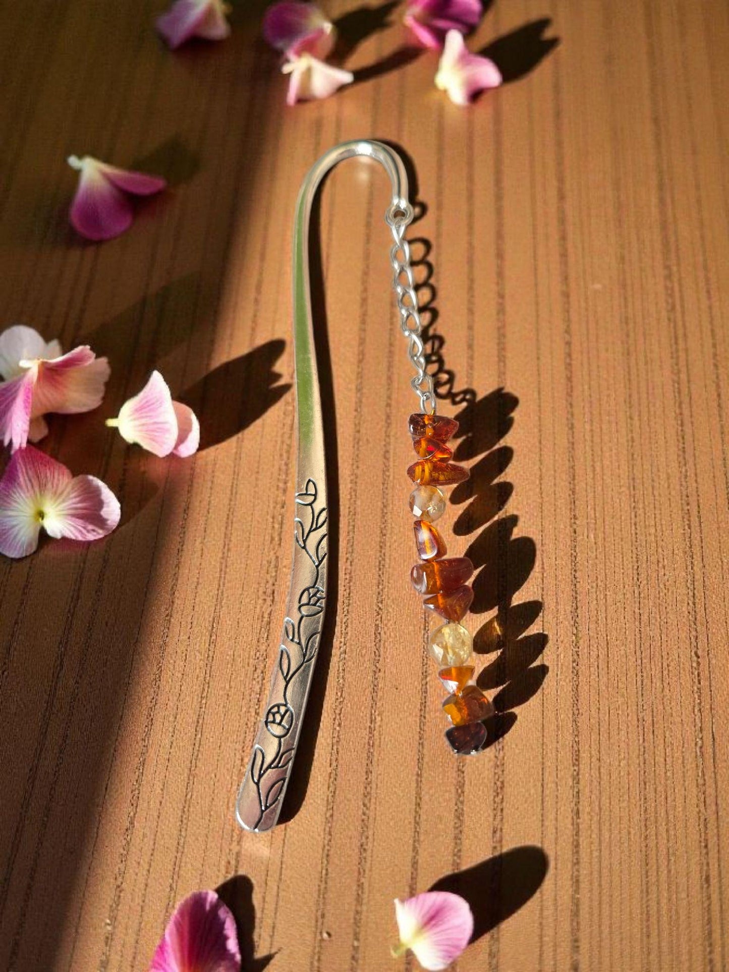 Personalise your Handmade Silver AAA Quality Genuine Natural Amber and Citrine Crystal Beaded Solar Plexus Gemstone Beaded Silver Bookmark