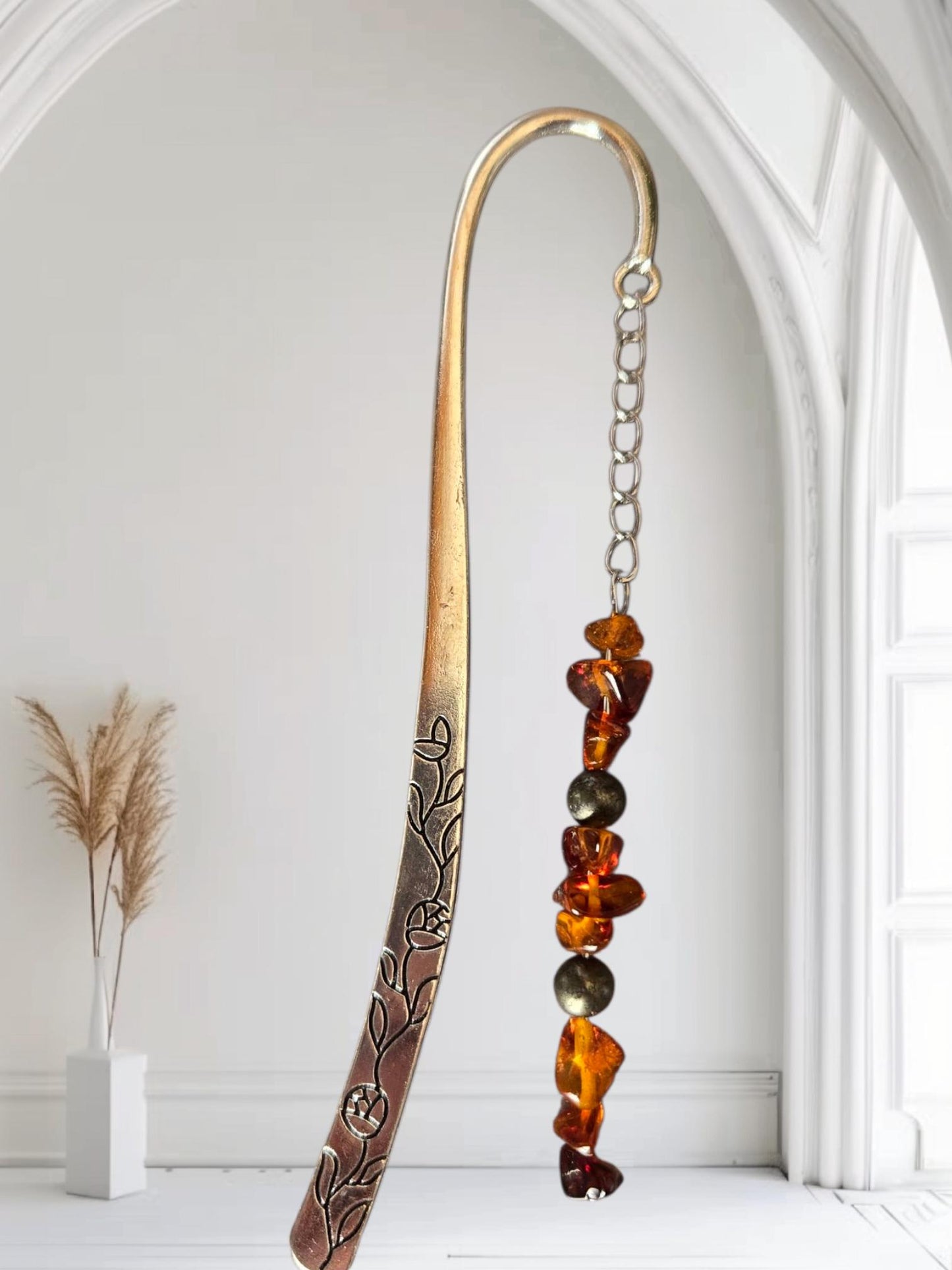 Personalise your Handmade Silver AAA Quality Genuine Natural Amber and Pyrite Grounding Crystal Beaded Gemstone Beaded Silver Bookmark