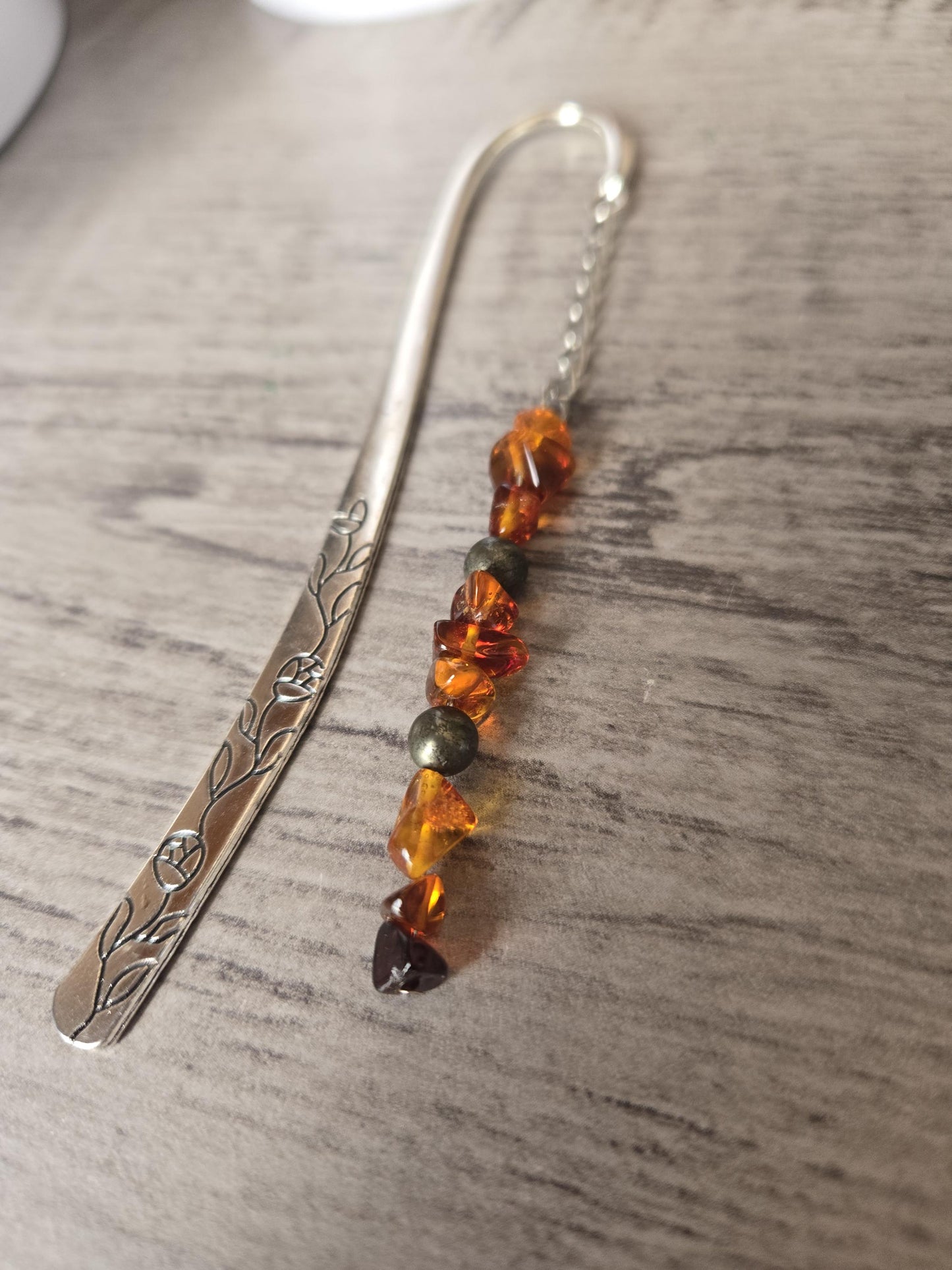 Personalise your Handmade Silver AAA Quality Genuine Natural Amber and Pyrite Grounding Crystal Beaded Gemstone Beaded Silver Bookmark
