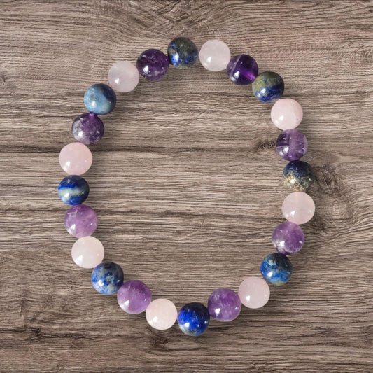 Amethyst, Rose Quartz & Lapis Lazuli Crystal Healing Gemstone Beaded Bracelet