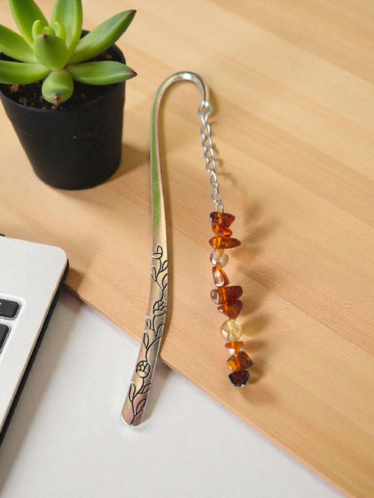 Personalise your Handmade Silver AAA Quality Genuine Natural Amber and Citrine Crystal Beaded Solar Plexus Gemstone Beaded Silver Bookmark