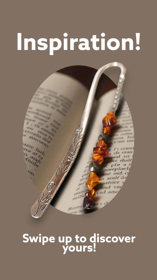 Personalise your Handmade Silver AAA Quality Genuine Natural Amber and Pyrite Grounding Crystal Beaded Gemstone Beaded Silver Bookmark