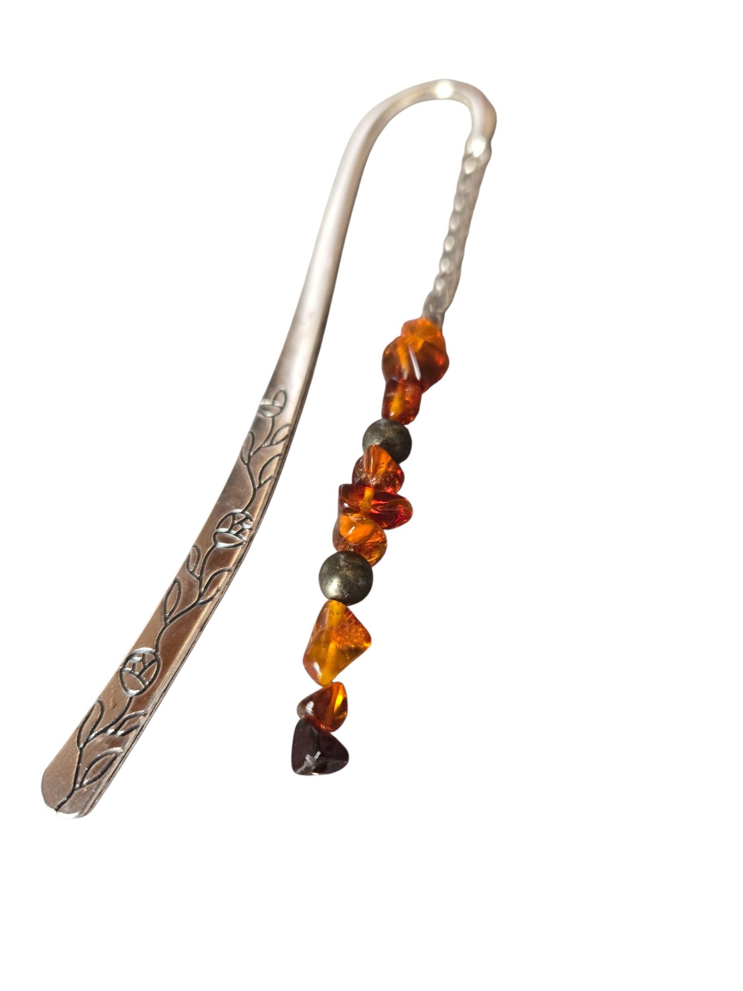Personalise your Handmade Silver AAA Quality Genuine Natural Amber and Pyrite Grounding Crystal Beaded Gemstone Beaded Silver Bookmark