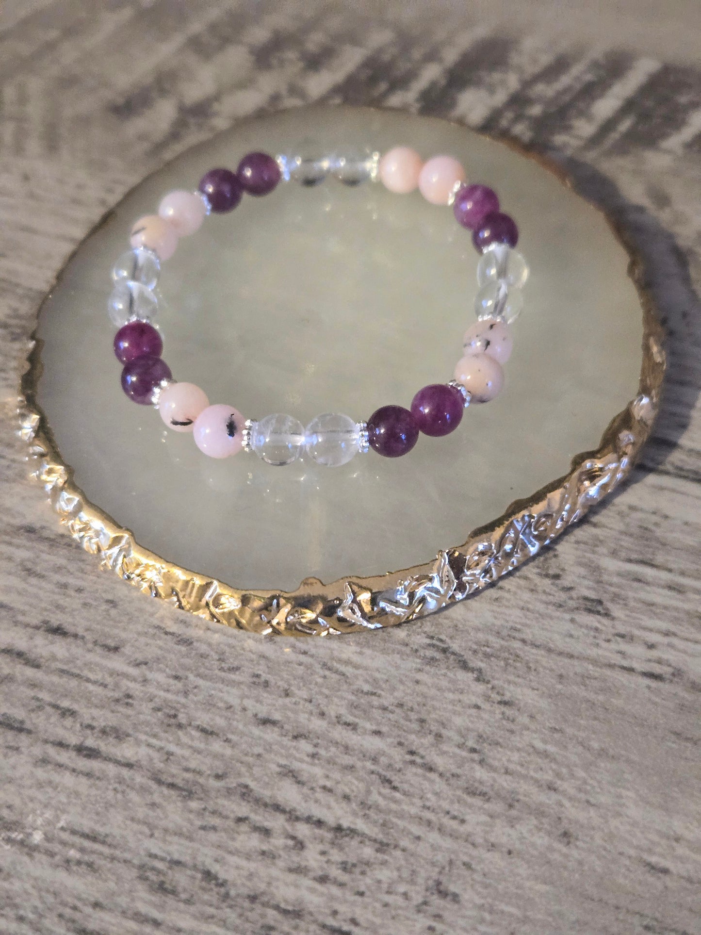 Custom made Bracelet.  Pink Opal, Clear Crystal Quartz & Pink Lepidolite Crystal Beaded Gemstone Bracelet