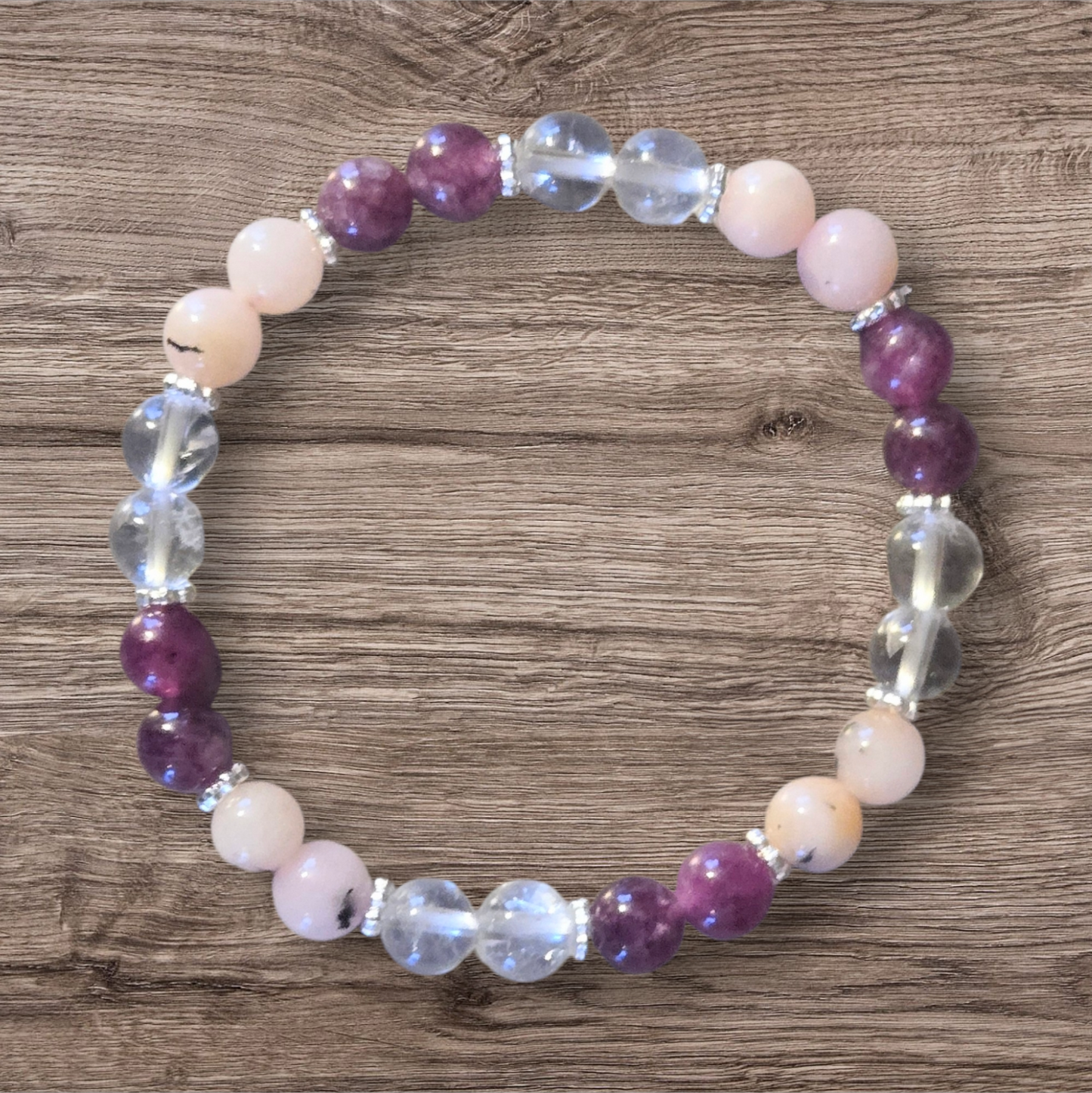Custom made Bracelet.  Pink Opal, Clear Crystal Quartz & Pink Lepidolite Crystal Beaded Gemstone Bracelet